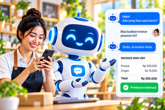 Pemilik usaha melayani pelanggan dengan chat dan invoice otomatis