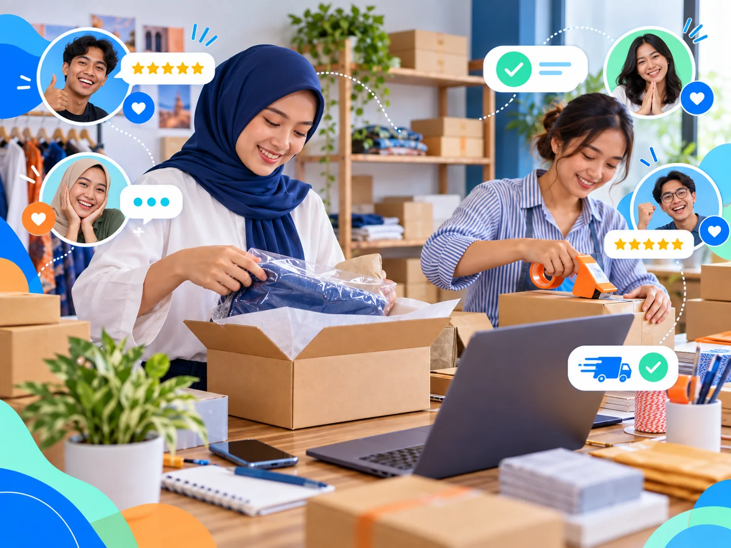Pemilik usaha tersenyum saat tim menyiapkan pesanan dan pertanyaan rutin dibantu asisten AI