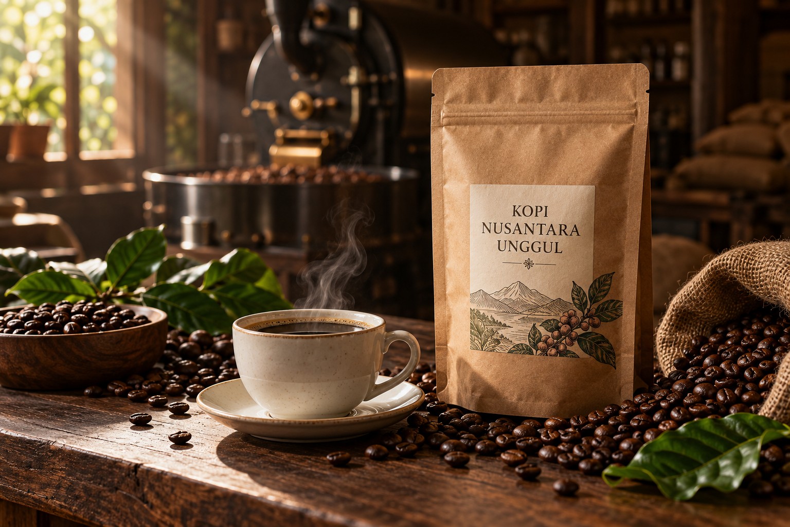 Kemasan Kopi Nusantara Unggul dan secangkir kopi di atas meja kayu